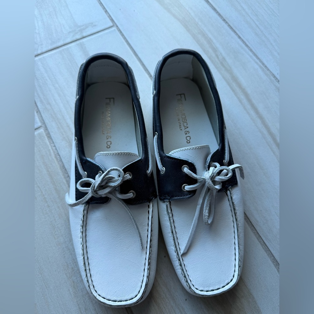 Women’s navy and white leather loafers